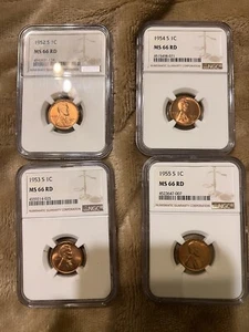 1952S,1953S,1954S,1955S LINCOLN WHEAT CENT NGC MS66 RD - Picture 1 of 1