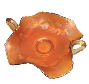 Fenton Carnival Glass Handled Candy Dish Strawberry Sprigs Marigold Iridescent - Picture 1 of 13
