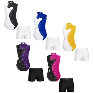 Girls Dancewear Shiny Outfits Kids Sets Color Block With Shorts Breathable Mesh - Picture 1 of 50