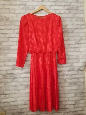 80's DIANE VON FURSTENBERG Red Elastic Waist Pleated Bottom DRESS Shiny Poly 12 - Image 1 of 4