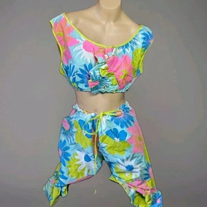 Vintage 1960s Floral Hawaiian Dayglow Playsuit Cropped Two Piece Summer Set Sz M - Picture 1 of 10
