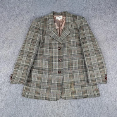 Vintage LL Bean Blazer Womens 14 Petite Plaid Wool Made in USA Tweed Jacket 90s - Image 1 of 4