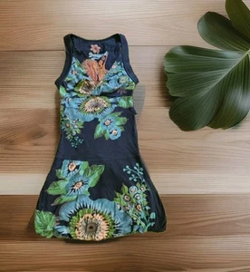 🌺 Vestido Desigual - T. S - 100% algodón - flores tropicales y brillo - Imagen 1 de 10