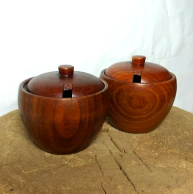 Juego de 2 cuencos cubiertos tapa salinera madera condimento azúcar pimienta Foto 1 de 4