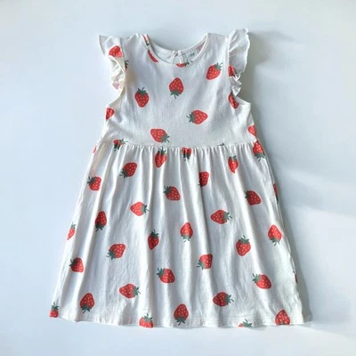 Vestido H&M Estampado Fresa Volantes, Talla 4T, Crema  Foto 1 de 4