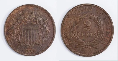 1865 Two Cent Piece 2C Civil War Era US Mint Copper Coin AU Condition - Image 1 of 3