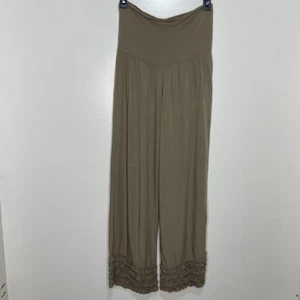 Baik Baik Honolulu Pants Womens S-M Tan Boho Flare Wide Leg Ruffle Flowy Stretch - Picture 1 of 21