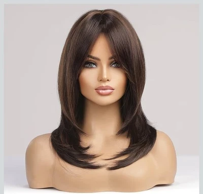 Peluca - Mezcla de Cabello Humano - Largo Recto Capas Marrón Oscuro Brazalete Resistente al Calor Foto 1 de 4