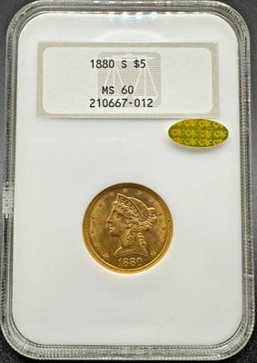 1880-S GOLD LIBERTY HALF EAGLE NGC MS60 GOLD CAC 09XEGA25 - Image 1 of 4