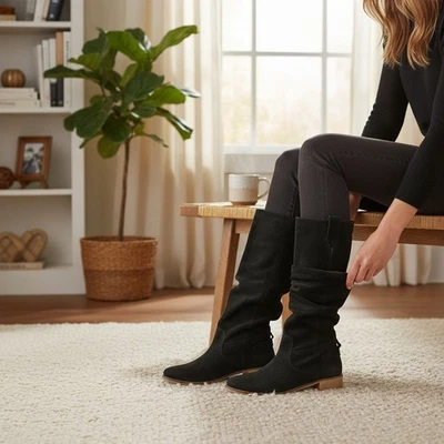 Suede Slouch Tall Boots Boutique 9 Black  Size 39 Stacked Heel Fall Style - image 1 of 4