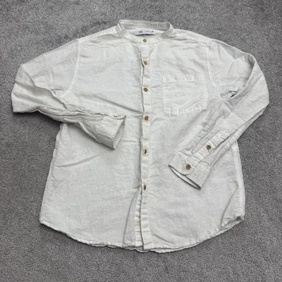 Zara Linen Blend Button Down Shirt Boys 13-14 White Long Sleeve Band Collar - Image 1 of 4