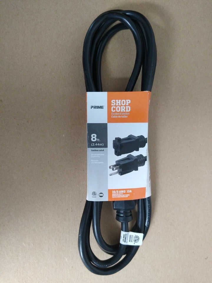 Prime Indoor or Outdoor 8 ft. L Black Extension Cord 16/3 SJTW - Image 1 of 1
