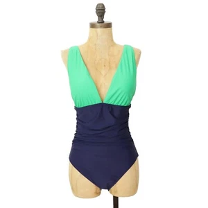 Traje de baño J.CREW cuello en V acanalado de una pieza M bloques de colores verde y azul marino B71 - Imagen 1 de 5