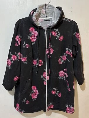 Sudadera con Capucha Catherines Cremallera Mujer 1x Negra Rosa Floral Manga Larga Tejido Fino Foto 1 de 4