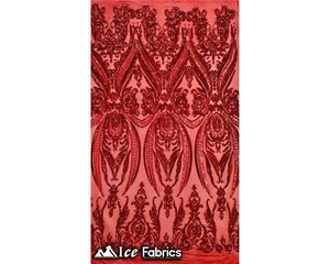 Damask Red Sequin Fabric By Yard On Red Spandex Power Mesh - Picture 1 of 10