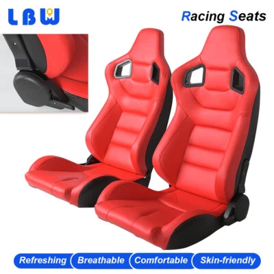 2x Reclinable Racing Seats W/2 Sliders Full Wraped Red + Faux Leather Car Seats Foto 1 de 4