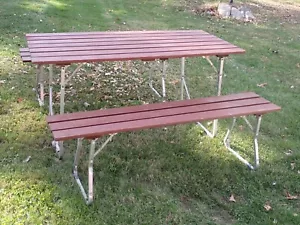 Vintage 3 Piece Retro MCM Folding Aluminum Redwood Picnic Table & Benches - Picture 1 of 17