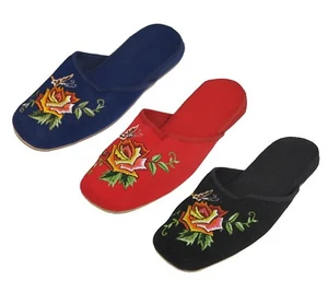 Handmade Embroidered Floral Orange Rose Chinese Women's Cotton Slippers New - Picture 1 of 16