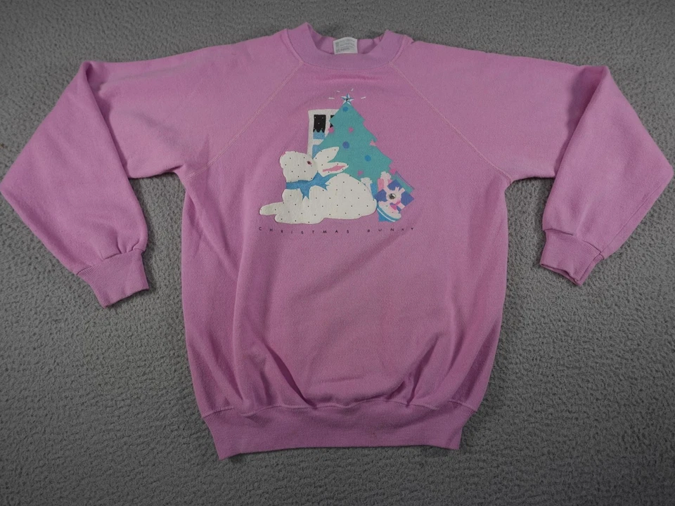 Sudadera Vintage Navidad Mujer Mediana Rosa Conejito Vacaciones Linda Hecha EE. UU. 90s Foto 1 de 4