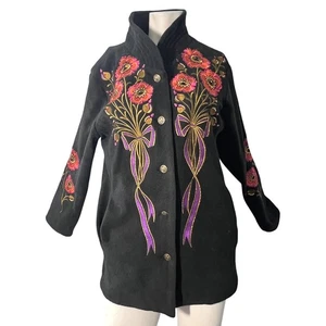 Bob Mackie Wearable Art Fleece Jacket Size S Embroidered Floral Button Coat Cozy - Picture 1 of 7