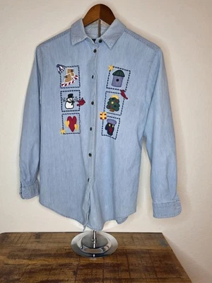 Vintage Karen Scott Embroidered Denim Chambray Shirt Christmas Snowman Small - Image 1 of 4