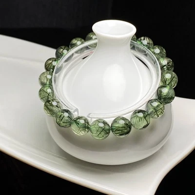 9.6mm  Natural Green hair Rutilated Quartz Crystal Beads Bracelet - Image 1 of 4