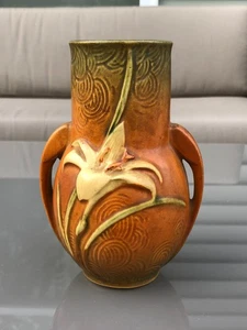 Roseville Art Pottery 2-Handled Zephyr Lily Vase 130-6" Orange Green - Picture 1 of 7