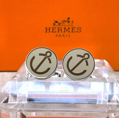 Hermes Manschettenknöpfe rund beige Emaille Anker Silber mit Etui - Bild 1 von 4