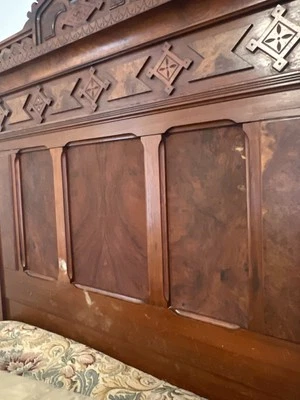 Antique Eastlake Victorian Oak Wood Tall Headboard Full Size Bed Frame - Image 1 of 4