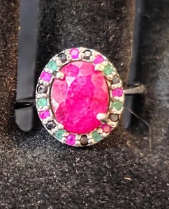 Ruby Ring w/ Emerald & Sapphire Halo Size 8.5 Sterling Silver 925 # 126 - Bild 1 von 5