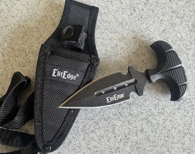 3” Fixed Blade Stone Washed Black Dagger style knife with Sheath New in box - Image 1 of 4