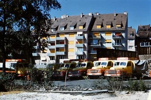 Original 1958 Slide, Vintage Tropi Soda Trucks Parked near Apartments in Germany - Picture 1 of 1
