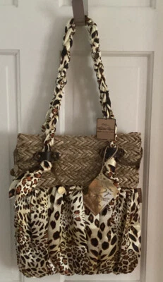 Sun ‘N’ Sand Purse Bag Tote Zebra Print Black & Tan Top Woven Straw Metal Accent - Image 1 of 4