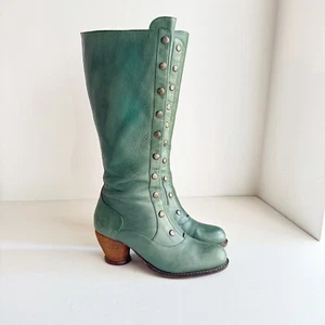John Fluevog Tall Button Detail Green Leather Boots 8 - Picture 1 of 8