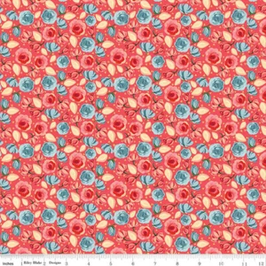 MON CHERI ~ ROSES ~ Riley Blake ~ Pink & Blue on Poppy Red ~ By-the-Yard - Picture 1 of 1