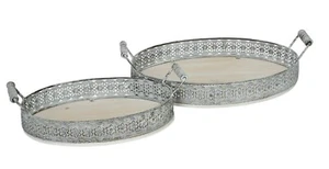 Tablett Metall 2erSet weiss/natur Dekotablett Vintage Landhaus oval H6cm Deko - Bild 1 von 3