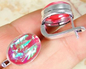 Lab Fire Opal & 925 Silver Handmade Lovely Earrings 13mm & gift-box - Picture 1 of 2