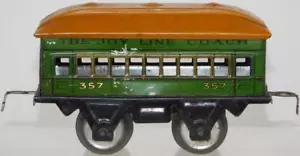 Marx Joy Line #357 Passenger Coach Green w/ orange roof 6" tinplate 1932-34 Prew - Picture 1 of 10