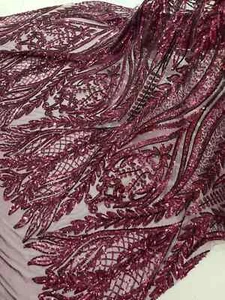 Mermaid Design Fabric - Burgundy 4 Way Stretch Sequins Lace Mesh Fabric by Yard - Picture 1 of 6