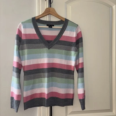 New York and Company sweater Women’s Small V Neck Striped Long Sleeve - Image 1 of 3
