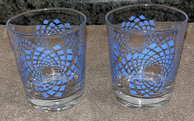 Set Of 2 Ikea Old Fashioned Lowball Glasses Blue Retro Swirling Square - Image 1 of 4