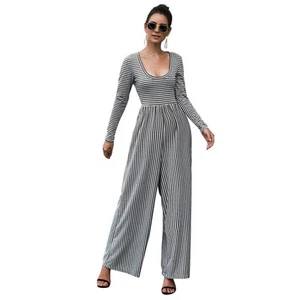 Frauen Gestreifter Overall U-Ausschnitt Langarm Overalls Breites Be3188 - Bild 1 von 7