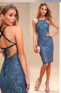 Vestido midi ceñido al cuerpo halter de encaje azul Wishful Wanderings talla S para mujer nuevo con etiquetas - Imagen 1 de 8