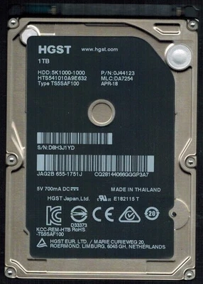 HTS541010A9E632 P/N: 0J44123 MLC: DA7254 THAILAND APR 2018 HGST 1TB APPLE - Image 1 of 3