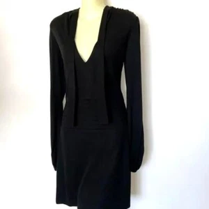 Black Halo Neck Tie Dress Black Mini Long Sleeve Sz S Blouson Viscose - Picture 1 of 13