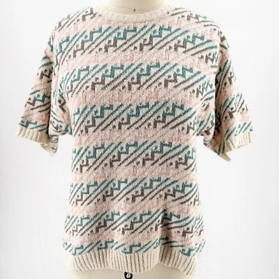 Suéter Top Tejido Azteca De Colección JH Coleccionables Crema Gris Aqua y Rosa Mezcla Seda M Foto 1 de 4