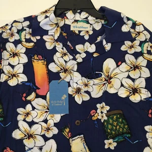Roundtree Yorke Caribbean Rayon Camp Shirt Blue Hawaiian Floral M LT Large Tall - Picture 1 of 8