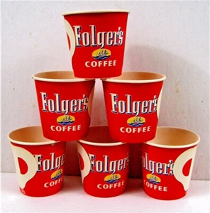 6 Folgers Coffee Waxed 4 oz Cups Butterfly Handles Old Unused Store Stock - Picture 1 of 1