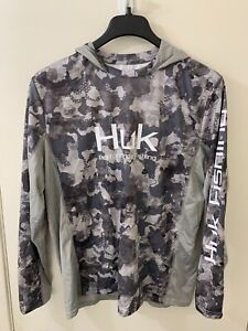 HUK Performance Icon X Hoodie Fishing Shirt Gray Camo Men's Size Large