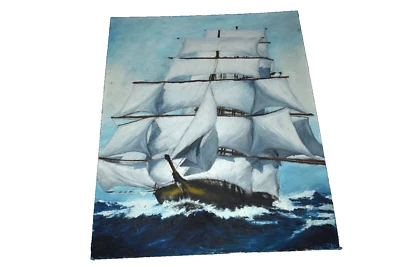 Pintura acrílica vintage assinada JFW Clipper navio tela a bordo datada de 4.22.76 - Imagem 1 de 4